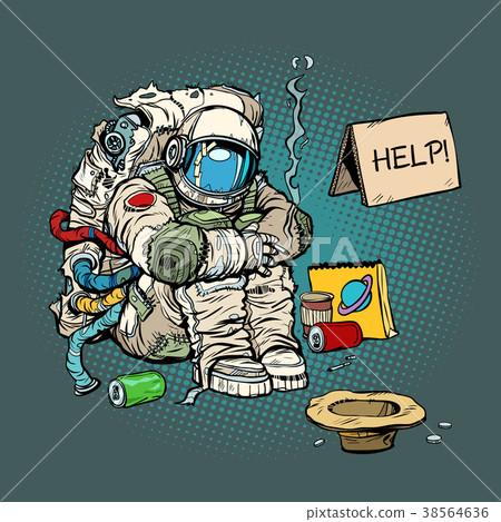 Crowdfunding concept. A poor homeless astronaut Crowdfunding concept. A poor homeless astronaut 38564636