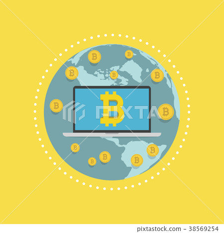 Laptop screen with the Bitcoin sign on globe. Laptop screen with the Bitcoin sign on globe. 38569254