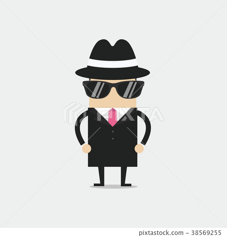 Detective in hat suit raincoat and glasses. 38569255