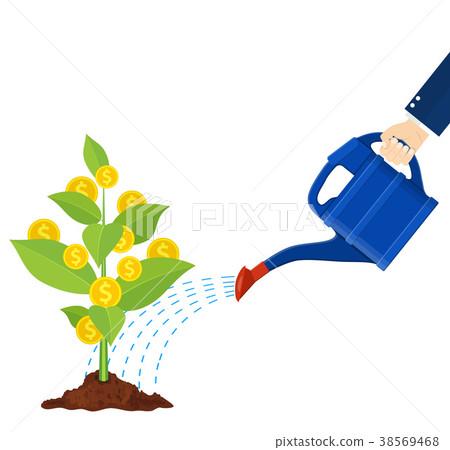 Watering money coin tree with can. illustration. 38569468