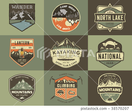 Set of vintage hand drawn travel badges. Camping Set of vintage hand drawn travel badges. Camping 38570207