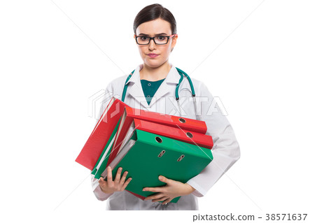 Angry young woman doctor with stethoscope holding Angry young woman doctor with stethoscope holding 38571637