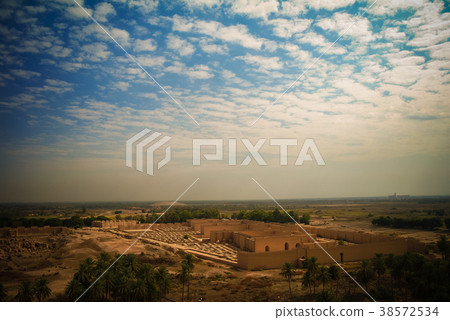 Panorama of partially restored Babylon ruins, Iraq 38572534