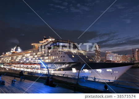 Night view of Osanbashi and Yokohama Port where the illuminated luxury liner is anchored 38573574