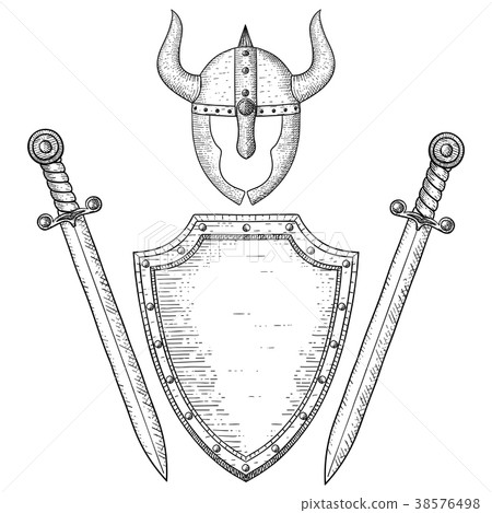 Warrior accessories. Shield, swords, helmet. Hand 38576498