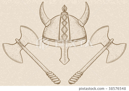 Viking horned helmet and two bladed axes. Hand Viking horned helmet and two bladed axes. Hand 38576548
