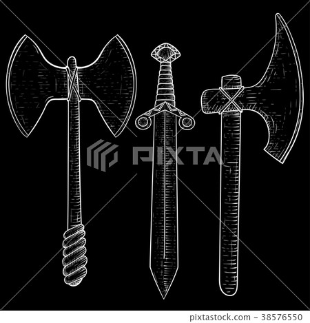 Set of viking weapons. Hand drawn sketch on black Set of viking weapons. Hand drawn sketch on black 38576550