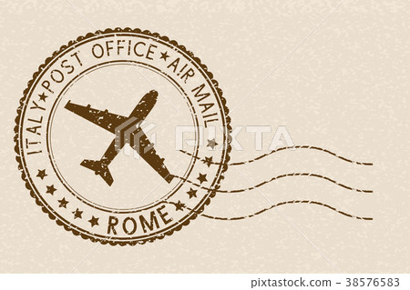 Postal stamp, round brown postmark with airplane Postal stamp, round brown postmark with airplane 38576583
