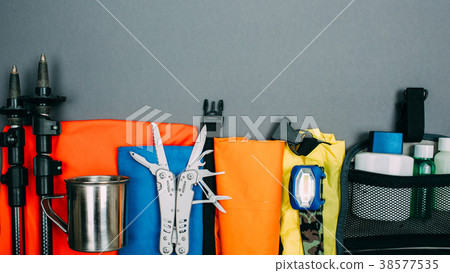 Top view of equipment for hiking and travel Top view of equipment for hiking and travel 38577535