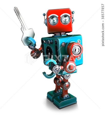 插圖素材: retro robot holding a key. 3d illustration