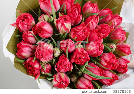 beautiful bouquet Crimson tulip with in woman hand 38578198