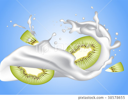 Realistic milk crown yogurt wavy splash with kiwi Realistic milk crown yogurt wavy splash with kiwi 38578655