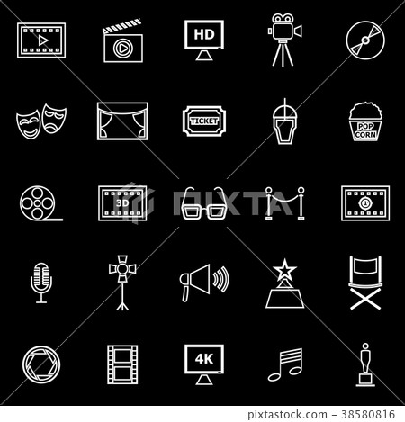 Movie line icons on black background Movie line icons on black background 38580816