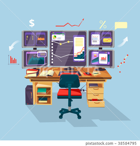 Vector cartoon trader, financial analyst workplace Vector cartoon trader, financial analyst workplace 38584795