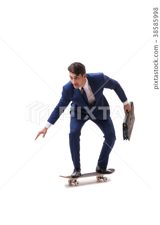 Businessman riding skateboard isolated on white Businessman riding skateboard isolated on white 38585998