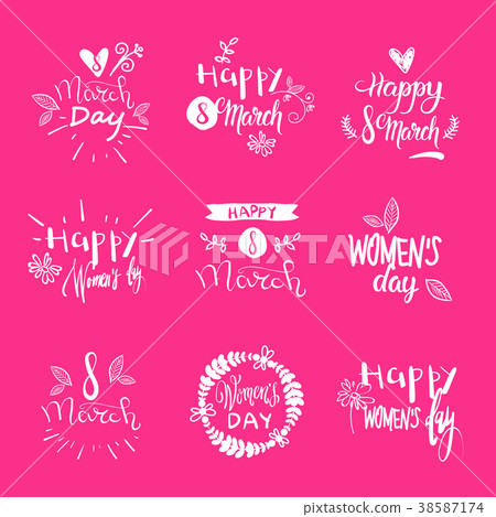 Set Of 8 March Holiday Stickers On Pink Background Set Of 8 March Holiday Stickers On Pink Background 38587174