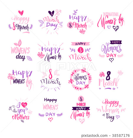 Happy Women Day Badges Set Creative Pink Lettering Happy Women Day Badges Set Creative Pink Lettering 38587176
