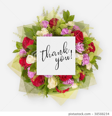 Fresh flowers bunch and card with words thank you 38588234