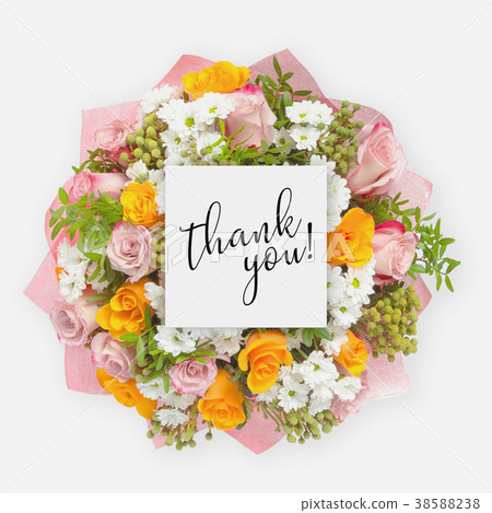 Fresh flowers bunch and card with words thank you Fresh flowers bunch and card with words thank you 38588238