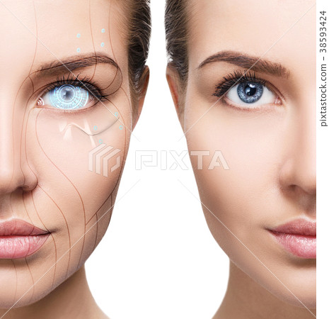 Cyborg woman with machine part of her face. Cyborg woman with machine part of her face. 38593424