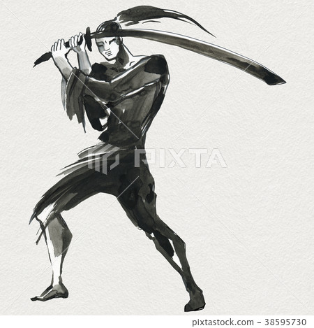 Silhouette Samurai. Chinese style. Watercolor hand 38595730