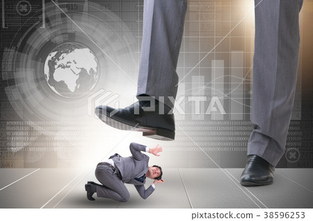 Bad angry boss stamping on employee in business Bad angry boss stamping on employee in business 38596253