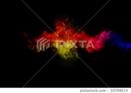 Multicolored powder explosion cloud on black Multicolored powder explosion cloud on black 38599614