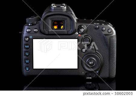 DSLR camera on black glass background 38602003