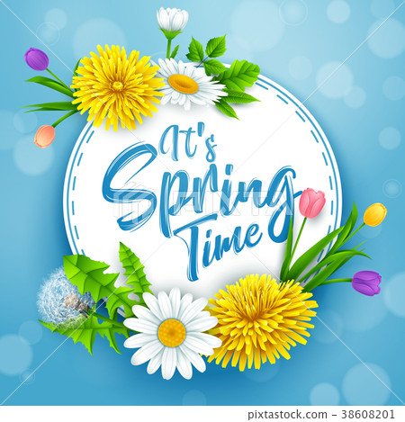 It's spring time banner with round frame and flowe - Stock Illustration ...