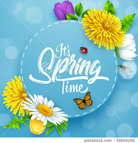 It's spring time banner with round frame, insects  38608208