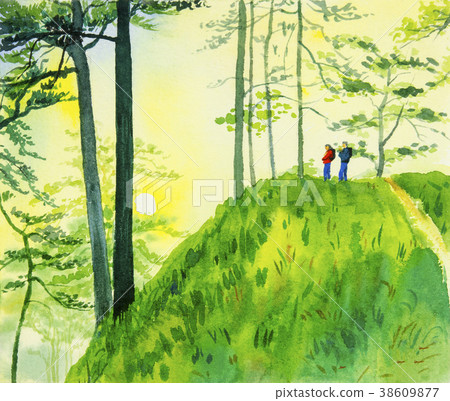 Watercolor landscape painting colorful of mountain Watercolor landscape painting colorful of mountain 38609877