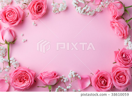 Rose flowers frame on pink background Copy space Rose flowers frame on pink background Copy space 38610059