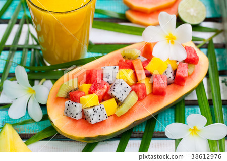 Tropical fruit salad with mango juice, smoothie 38612976
