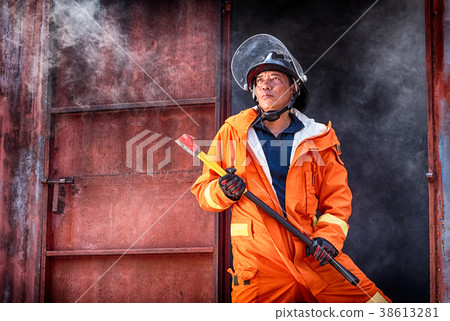 firefighters in uniform, arm with fire axe 38613281