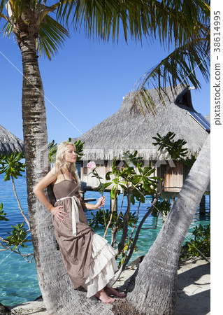 beautiful woman with  rose near  palm tree, Tahiti 38614995