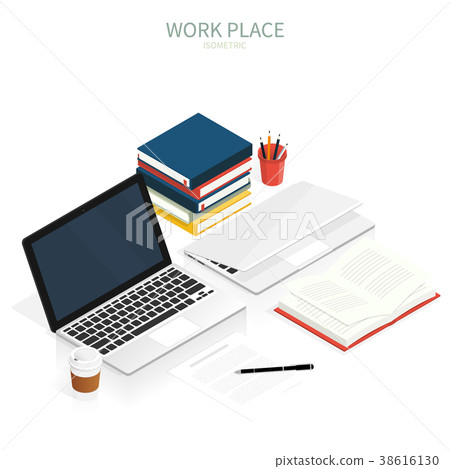 isometric work place laptop vector 38616130