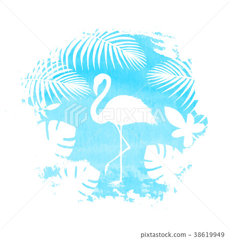 Silhouette of flamingo on blue watercolor spot 38619949