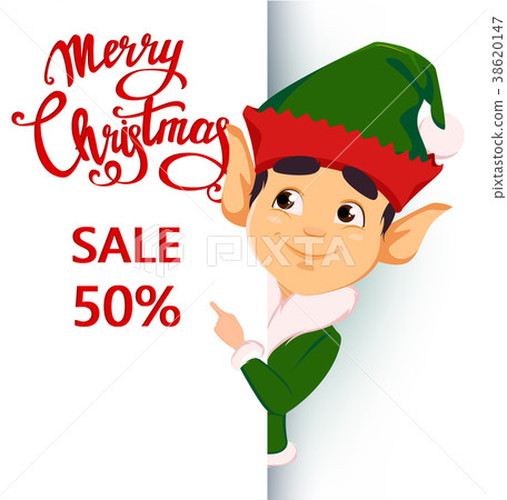 Elf standing behind a sign and showing on placard Elf standing behind a sign and showing on placard 38620147