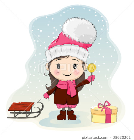 Cute little girl with sled standing near gift-box Cute little girl with sled standing near gift-box 38620201