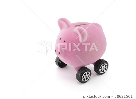 Piggy bank on wheels isolated on white Piggy bank on wheels isolated on white 38621501