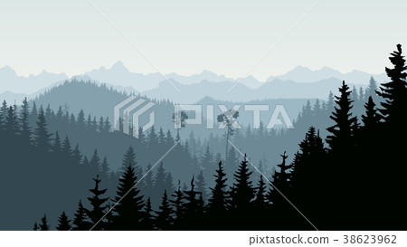 Illustration of morning mist in forest hills. 38623962