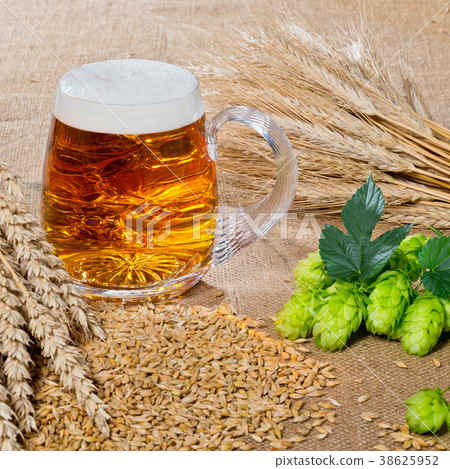 glass of beer and raw material for beer production 38625952