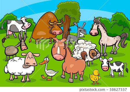 圖庫插圖: cartoon farm animal characters group