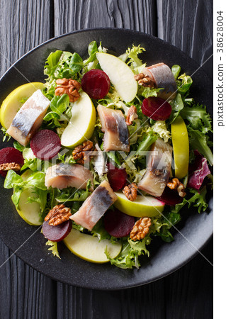 Fresh mackerel salad with apples, walnuts, beets 38628004