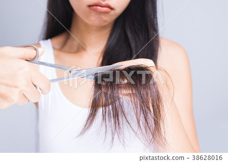 A woman is cutting a dry hair. A woman is cutting a dry hair. 38628016