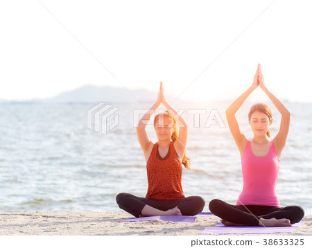 Asia people group making warrior pose on beach,  38633325