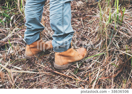 Close-up mountaineer brown leather boots Close-up mountaineer brown leather boots 38636506