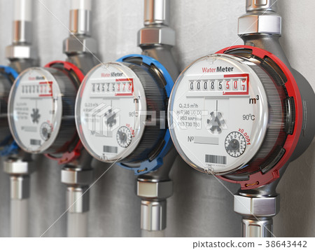 Row of water meters of cold and hot water  38643442