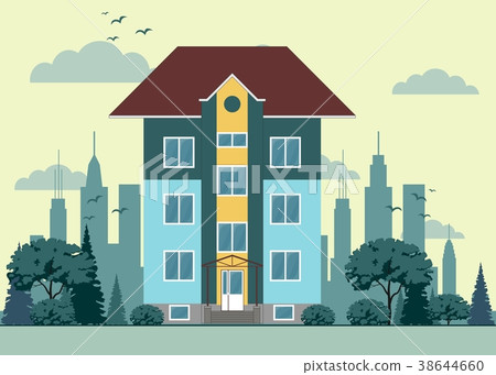 three-floor house facade, tree, street, sky and three-floor house facade, tree, street, sky and 38644660