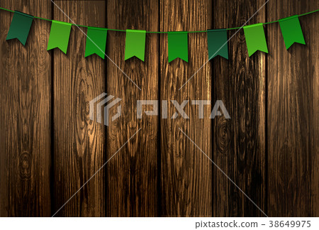Green festive flags on wood background Green festive flags on wood background 38649975